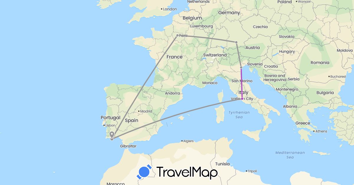 TravelMap itinerary: driving, plane, train in Germany, France, Italy, Portugal (Europe)